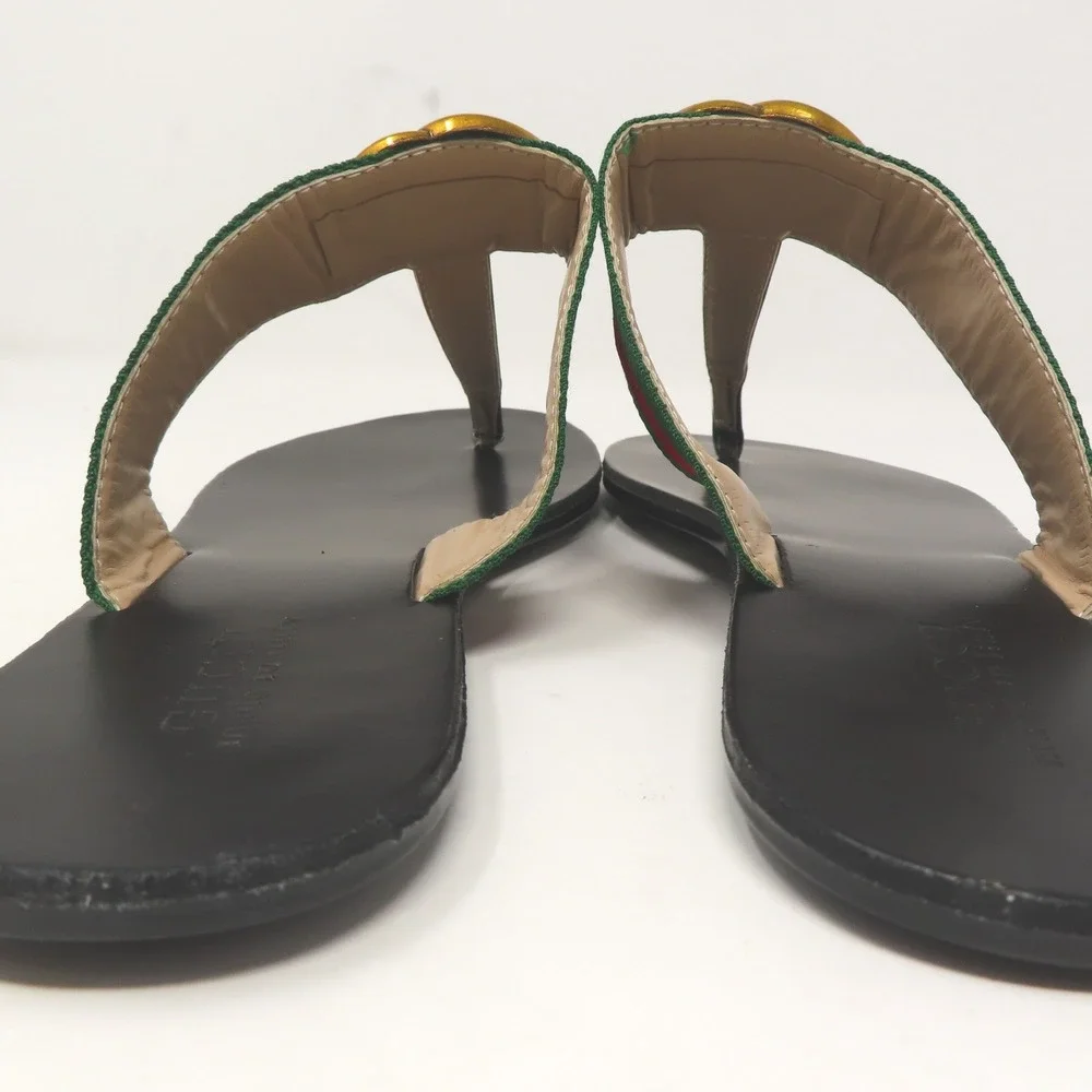 Gucci Double G Web Thong Sandals Black Mens 42 Flip Flops Gold Logo Italy - Picture 12 of 16